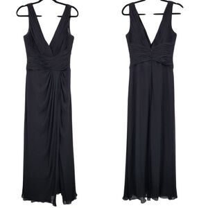 Vtg Black Pintuck Pleat V-Neck Sleeveless Formal Gown Sz 10 Front Slit Cocktail